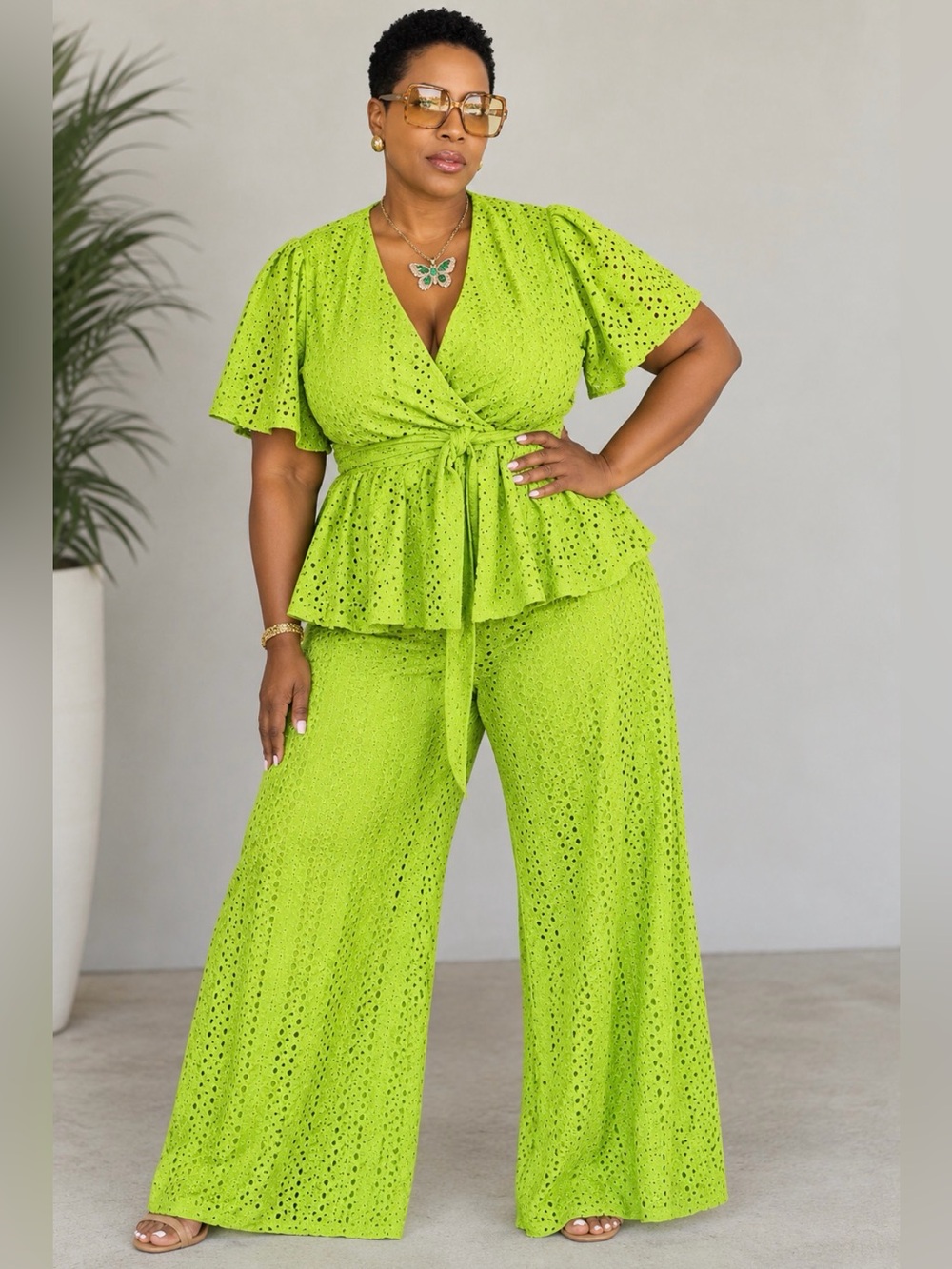 Ashley Stewart Neon Lime Eyelet Peplum (2pc)